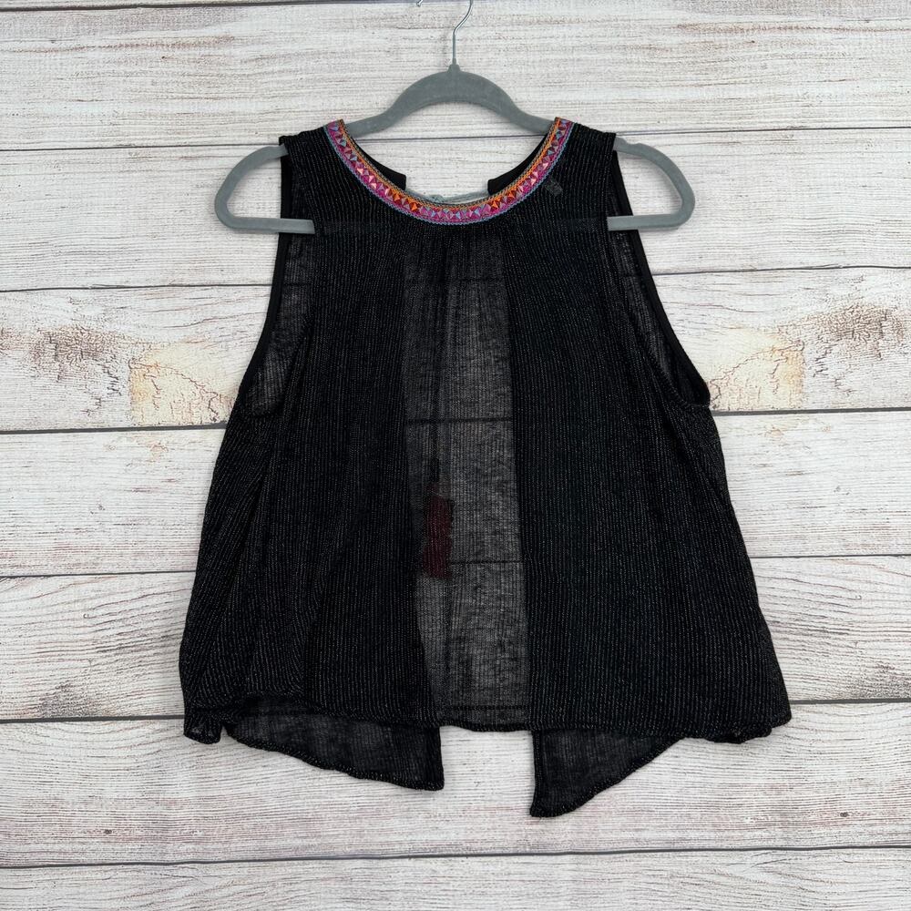 Eri + Ali BOHO Collar Semi Sheer Open Back‎ Blouse Womens Small Black Tasseled